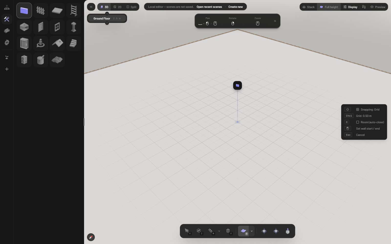 Pascal Editorの3D編集画面。中央に薄いグリッドの地面（Ground Floor 2.5m）が広がり、左端に壁・床・ドア・窓・階段・MEPなどの建築ツールパレット、上部にPan/Rotate/Zoomのカメラ操作ヘルプ、右下に「Snapping: Grid / Grid: 0.50m / Set wall start / end」という壁ツールのヒントが表示されている