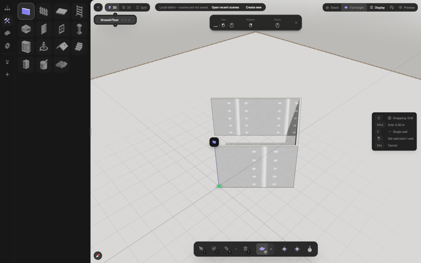 3D空間に立ち上がった3枚の壁。内側の面にスタッド（間柱）のフレーミングが見え、床の始点に緑色の頂点マーカーが表示されている。囲いの一角が開いた状態で、右側には壁ツールの継続モードのヒントが出ている
