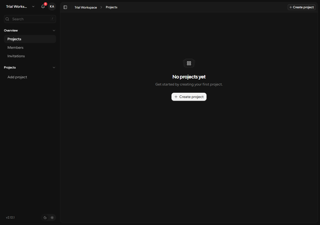 Kaneoのワークスペース画面。左サイドバーに Overview（Projects / Members / Invitations）と Projects のセクション、左下にバージョン v2.12.1。中央は「No projects yet」「Get started by creating your first project.」の空状態と「Create project」ボタン